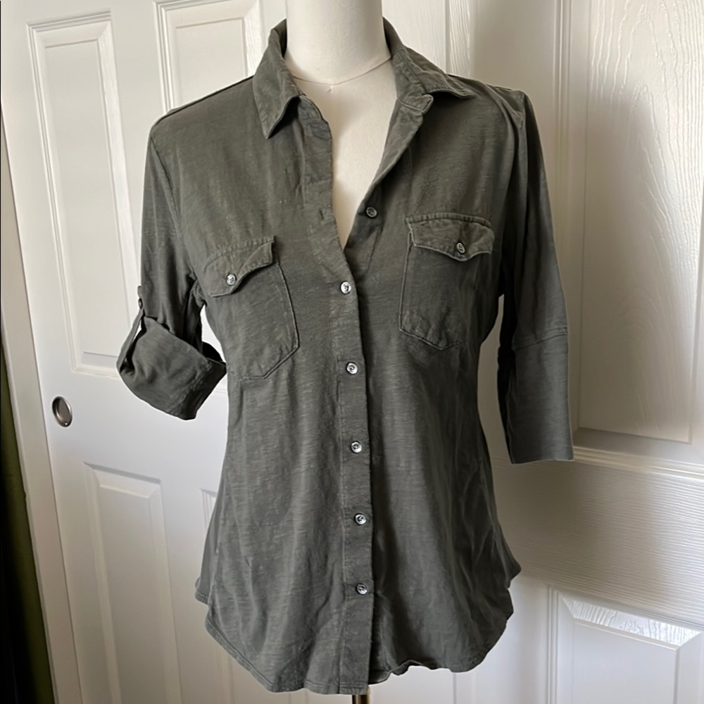 Sandra Ingrish Olive Green Button-Front Utility Blouse